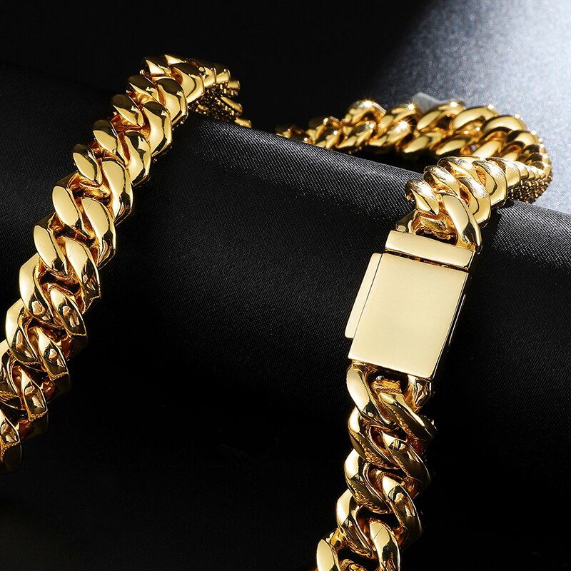 14mm Miami Cuban Link Chain Micro Paved Bling Rhinestone Gold   Color Plated Choker Necklaces For Men/Women Hip Hop Jewelry