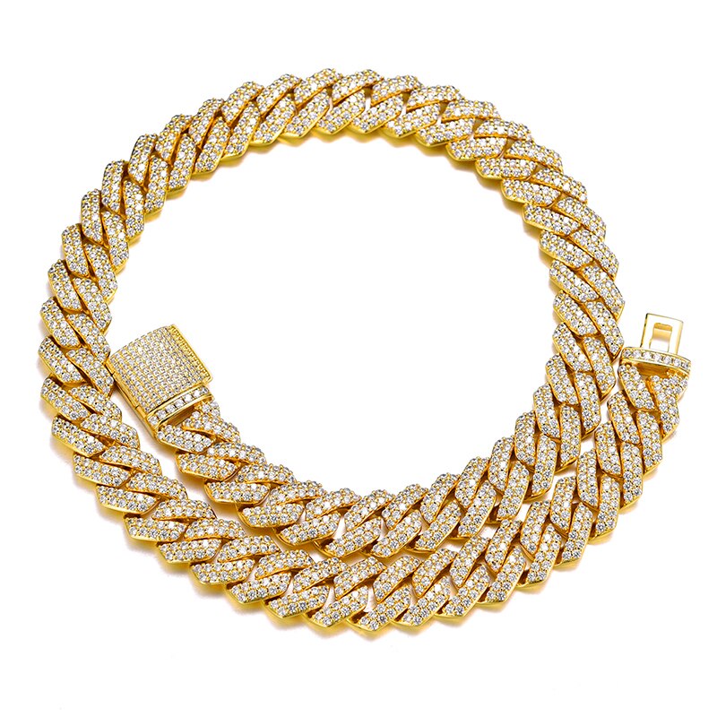 14mm Miami Cuban Link Chain Micro Paved Bling Rhinestone Gold   Color Plated Choker Necklaces For Men/Women Hip Hop Jewelry