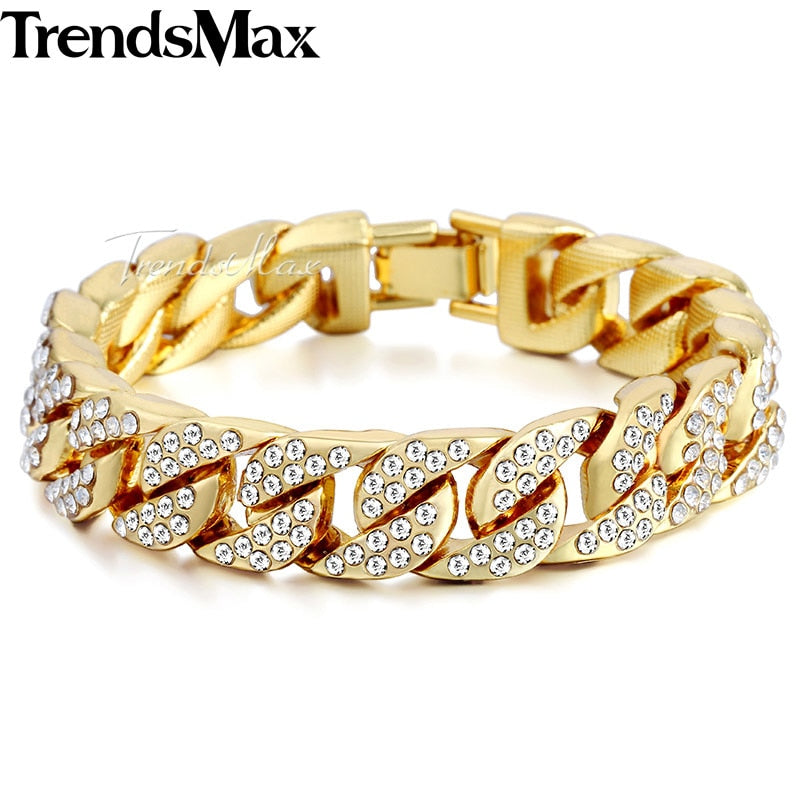 14mm Miami Curb Cuban Bracelet For Men Gold Silver  Hop Iced Out Paved Rhinestones CZ Rapper Bracelet Jewelry 8-11inch GB403