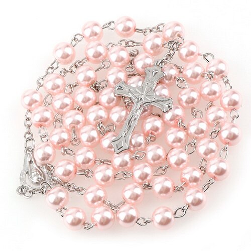 15 Colors 8mm long glass Imitation pearl bead rosaries Necklace Silver Drop Cross Virgin Mary Center Rosary Jesus Pendants