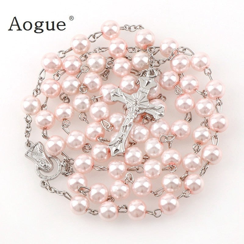 15 Colors 8mm long glass Imitation pearl bead rosaries Necklace Silver Drop Cross Virgin Mary Center Rosary Jesus Pendants
