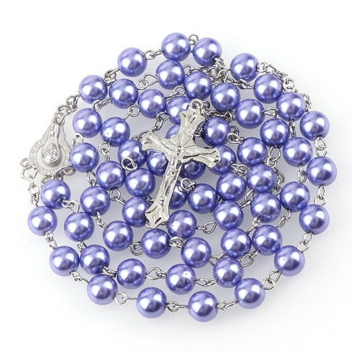 15 Colors 8mm long glass Imitation pearl bead rosaries Necklace Silver Drop Cross Virgin Mary Center Rosary Jesus Pendants