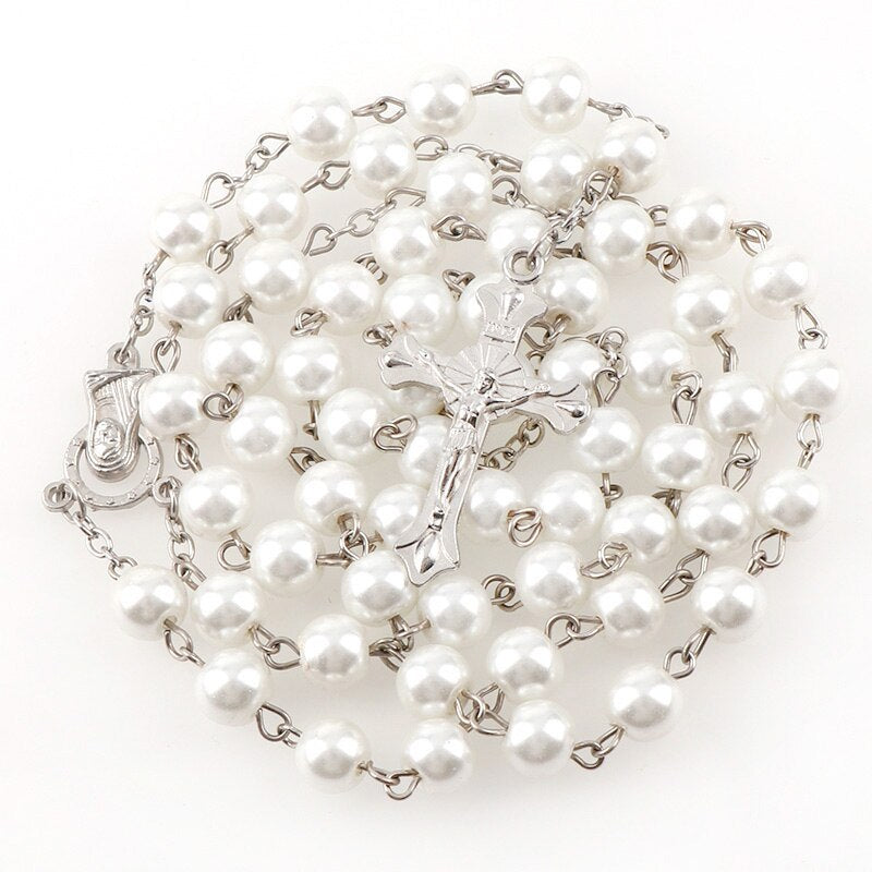 15 Colors 8mm long glass Imitation pearl bead rosaries Necklace Silver Drop Cross Virgin Mary Center Rosary Jesus Pendants