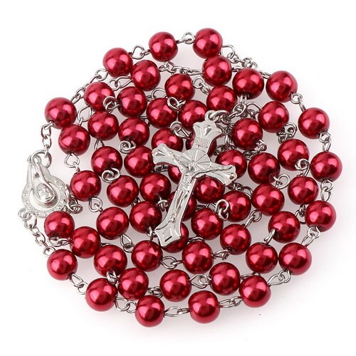 15 Colors 8mm long glass Imitation pearl bead rosaries Necklace Silver Drop Cross Virgin Mary Center Rosary Jesus Pendants