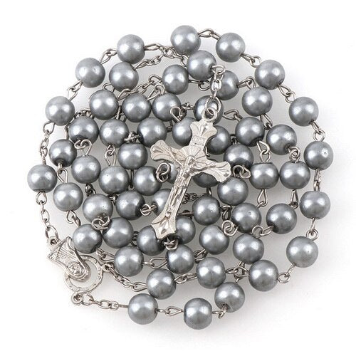 15 Colors 8mm long glass Imitation pearl bead rosaries Necklace Silver Drop Cross Virgin Mary Center Rosary Jesus Pendants