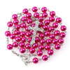 15 Colors 8mm long glass Imitation pearl bead rosaries Necklace Silver Drop Cross Virgin Mary Center Rosary Jesus Pendants