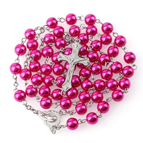 15 Colors 8mm long glass Imitation pearl bead rosaries Necklace Silver Drop Cross Virgin Mary Center Rosary Jesus Pendants