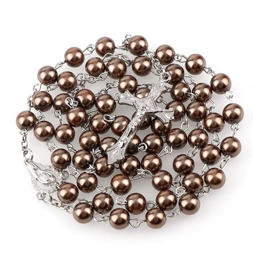 15 Colors 8mm long glass Imitation pearl bead rosaries Necklace Silver Drop Cross Virgin Mary Center Rosary Jesus Pendants