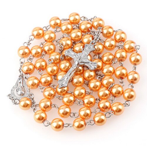 15 Colors 8mm long glass Imitation pearl bead rosaries Necklace Silver Drop Cross Virgin Mary Center Rosary Jesus Pendants