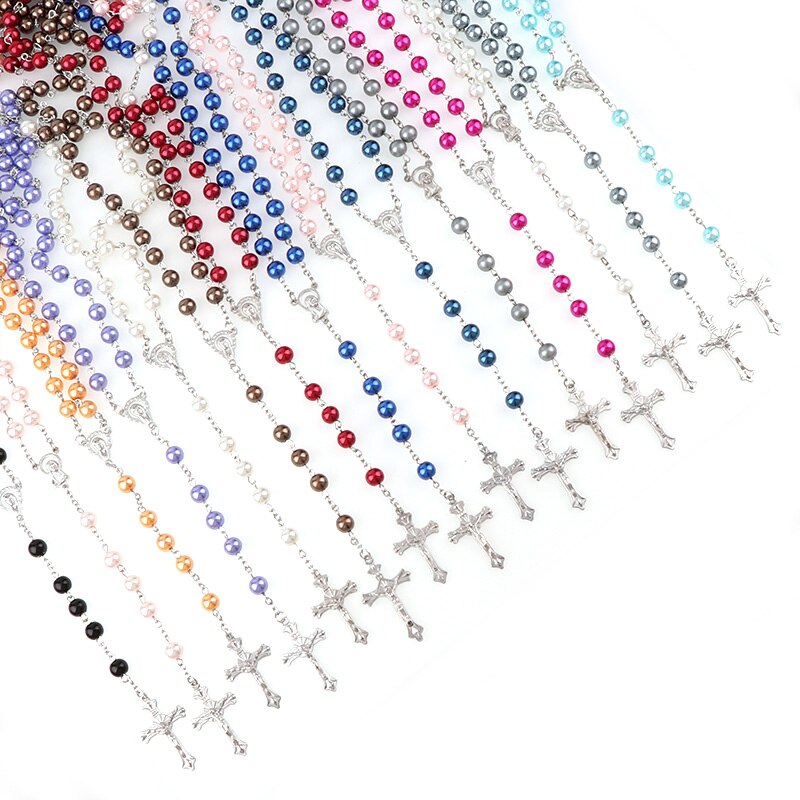 15 Colors 8mm long glass Imitation pearl bead rosaries Necklace Silver Drop Cross Virgin Mary Center Rosary Jesus Pendants