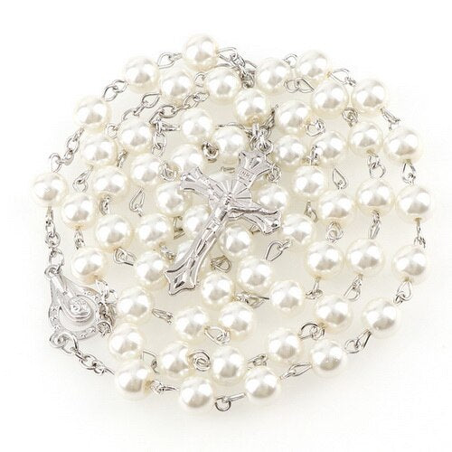 15 Colors 8mm long glass Imitation pearl bead rosaries Necklace Silver Drop Cross Virgin Mary Center Rosary Jesus Pendants
