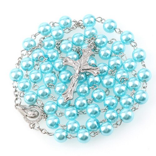 15 Colors 8mm long glass Imitation pearl bead rosaries Necklace Silver Drop Cross Virgin Mary Center Rosary Jesus Pendants