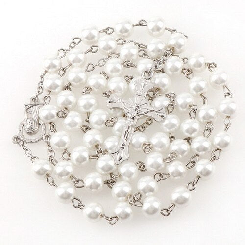 15 Colors 8mm long glass Imitation pearl bead rosaries Necklace Silver Drop Cross Virgin Mary Center Rosary Jesus Pendants