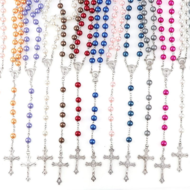 15 Colors 8mm long glass Imitation pearl bead rosaries Necklace Silver Drop Cross Virgin Mary Center Rosary Jesus Pendants