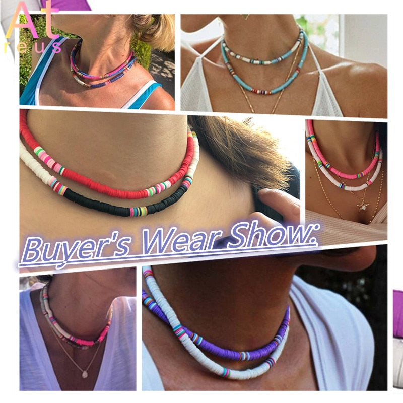 15Color Bohemian 6mm Polymer Clay Necklace Soft Pottery Choker Necklace Colorful Surfer Beads Collar Handmade Women Jewelry Gift