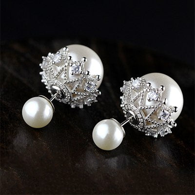 15MM Natural Pearl Earrings For Women 100% 925 Sterling Silver Earrings Hollow Crown Crystal Stud Earrings Fine Jewelry SE43