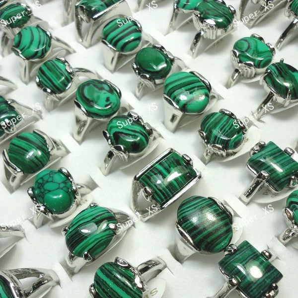 15Pcs Whole Jewelry Bulk Lots Mix Green Malachite Stone Silver Plated Ring For Women Men Fashion Jewelry   LR524