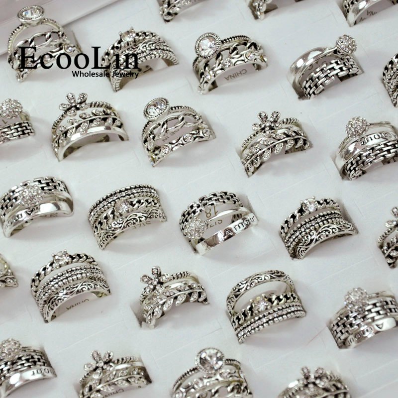 15Pieces = 5Sets New Hot 3 in 1 Zircon Ancient Silver Rings Set For Women Wholesale Jewelry Bulks Lot   LR4044
