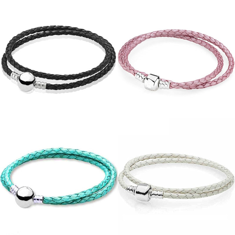 16-44CM-Genuine-leather-Ball-Barrel-Clasp-Bracelets-Bangle-Fit-Pandora-Snake-Bangle-925-Sterling-Silver