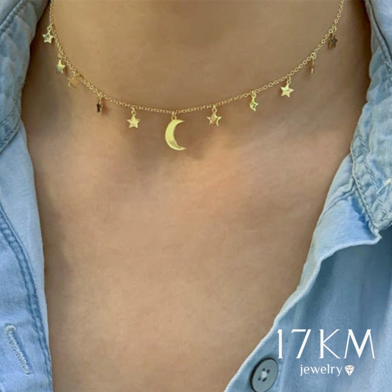 17KM Bohemian Gold Star Moon Choker Necklace For Women Party Cute Female Golden Necklaces Jewelry Romantic Gifts
