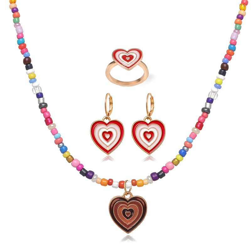 17KM Bohemian Heart Pendant Necklace Jewelry Set For Women Colorful Beaded Necklaces Set Jewelry Gifts
