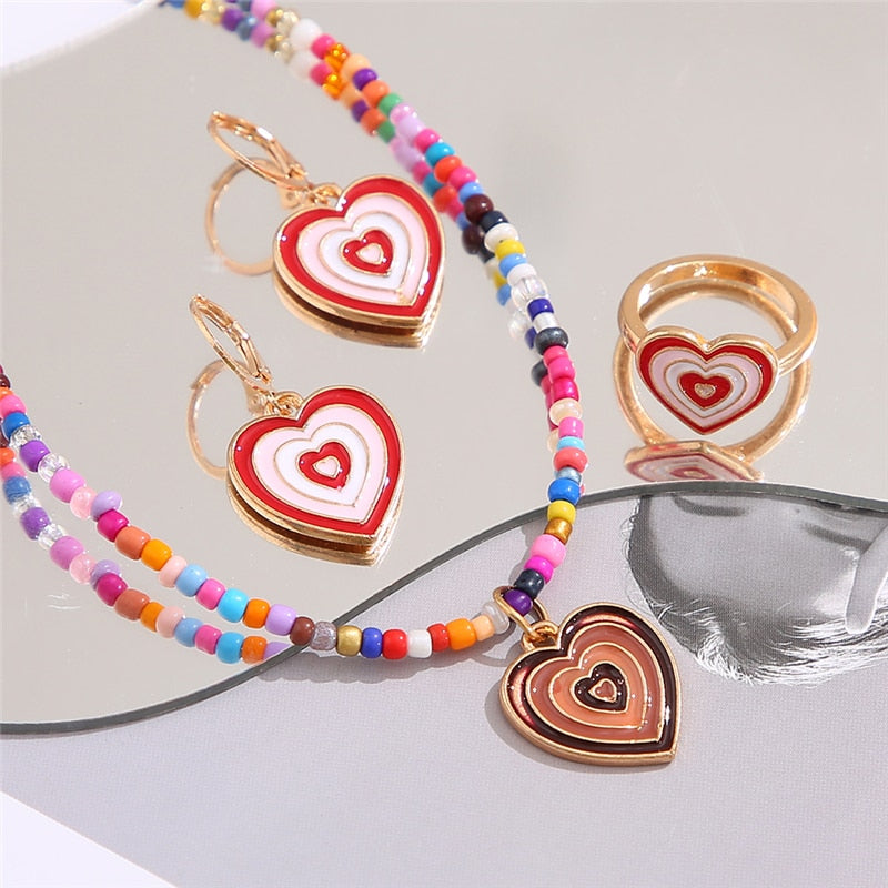 17KM Bohemian Heart Pendant Necklace Jewelry Set For Women Colorful Beaded Necklaces Set Jewelry Gifts