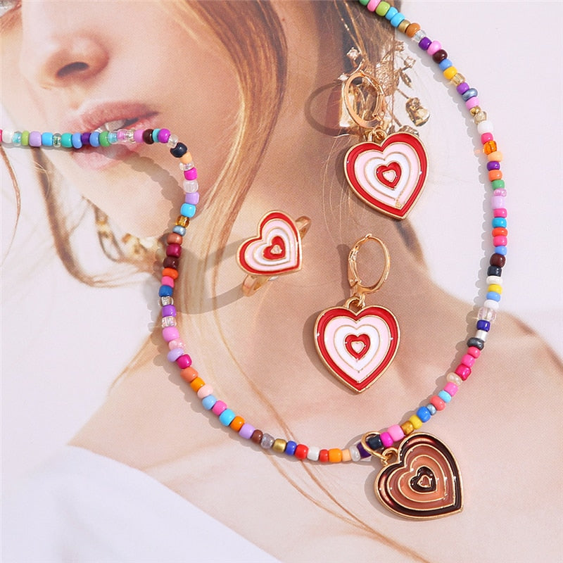 17KM Bohemian Heart Pendant Necklace Jewelry Set For Women Colorful Beaded Necklaces Set Jewelry Gifts