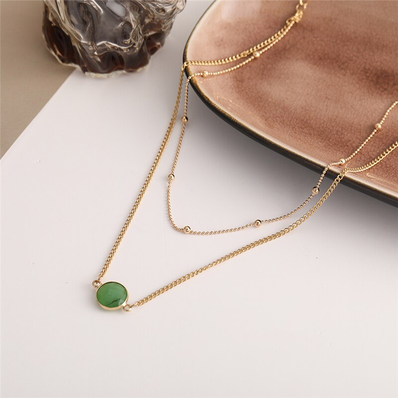 17KM Boho Green Stone Necklace For Women Gold Color Multilayered Beaded Choker Necklaces Party Jewelry