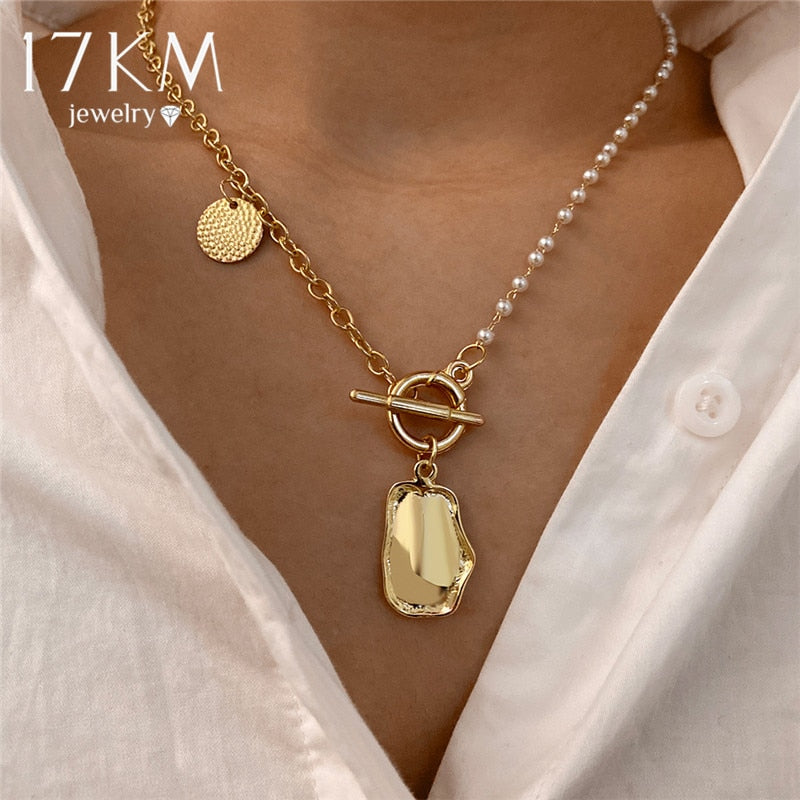 17KM Asymmetric Gold Pearl Beads Necklace For Women Vintage Irregular Coin Pendant Necklaces 2021 Trend Jewelry
