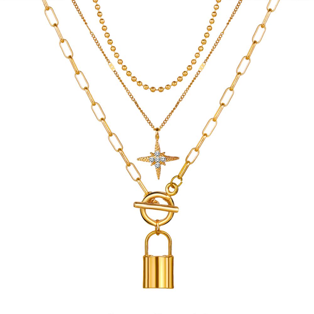 17KM  Multi Layer Lock Portrait Pendants Necklaces For Women Gold Metal Key Heart Necklace  Design Jewelry Gift