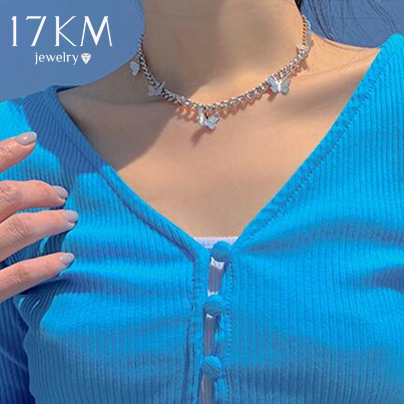 17KM  Silver Color Butterfly Tassel Choker Necklace For Women Girls Korean Thick Chain Necklaces 2021  Jewelry