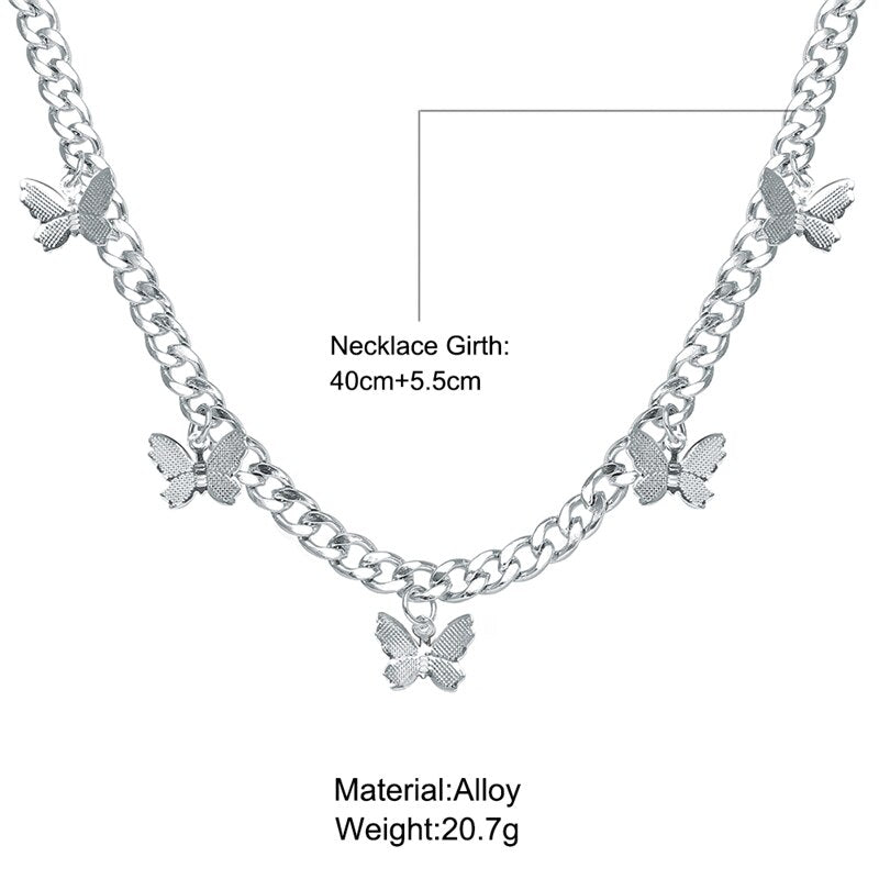 17KM  Silver Color Butterfly Tassel Choker Necklace For Women Girls Korean Thick Chain Necklaces 2021  Jewelry