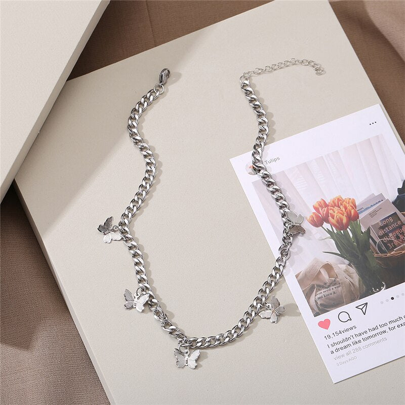 17KM  Silver Color Butterfly Tassel Choker Necklace For Women Girls Korean Thick Chain Necklaces 2021  Jewelry