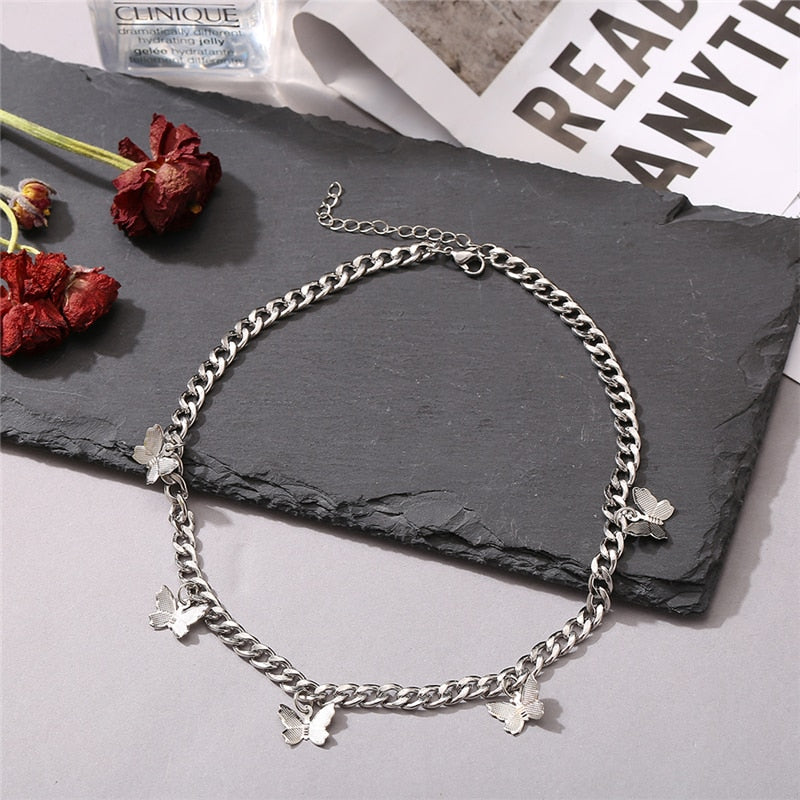 17KM  Silver Color Butterfly Tassel Choker Necklace For Women Girls Korean Thick Chain Necklaces 2021  Jewelry
