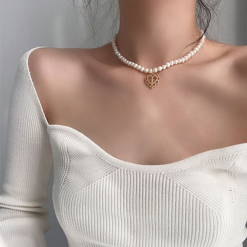 17KM Kpop Silver Color Heart Chain Choker Necklace For Women Aesthetic Pearl Necklaces Jewelry Christmas Party Gifts