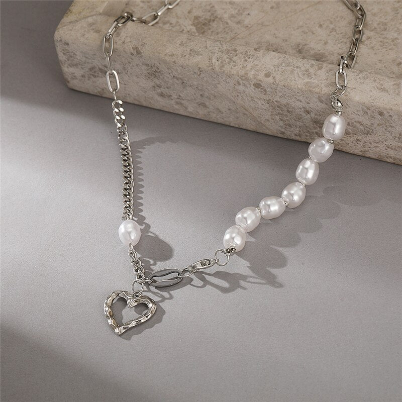17KM Kpop Silver Color Heart Chain Choker Necklace For Women Aesthetic Pearl Necklaces Jewelry Christmas Party Gifts
