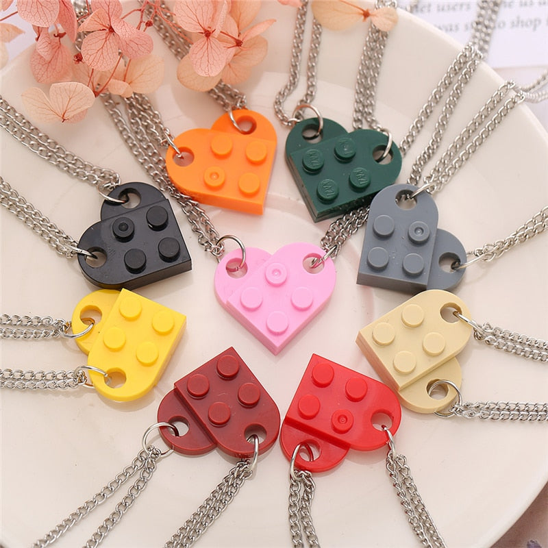 17KM Punk 2Pcs Heart Brick Couples Love Necklace For Lovers Women Men Lego Elements Friendship Necklaces Valentines Gift Jewelry