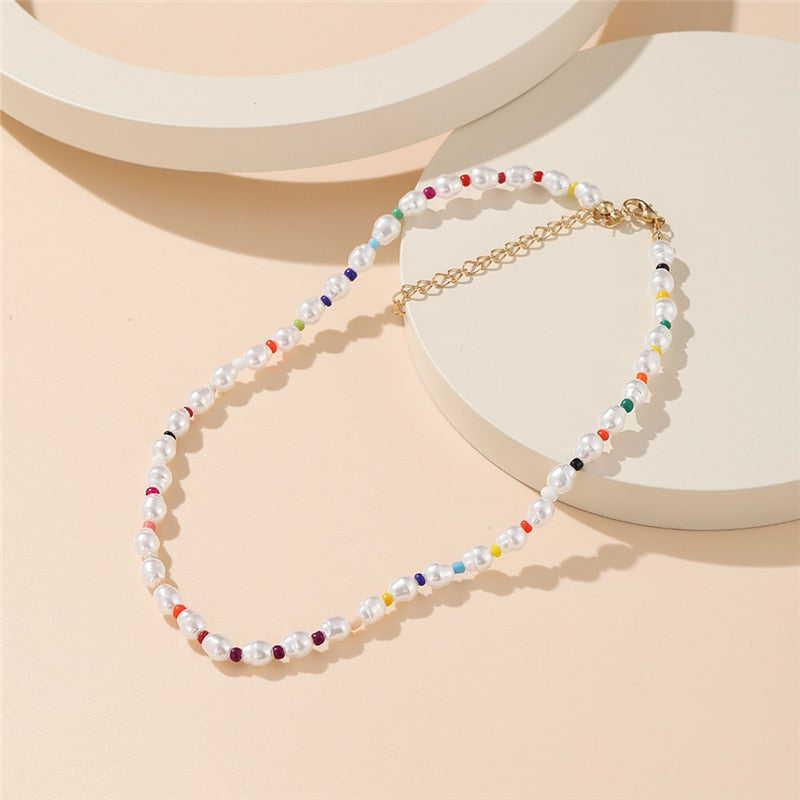 17KM Trendy Bead Strand Beaded Choker Necklace For Women Bohemian Colorful Handmade Short Daisy Pearl Necklace Collar Jewelry