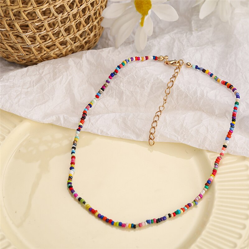 17KM Trendy Bead Strand Beaded Choker Necklace For Women Bohemian Colorful Handmade Short Daisy Pearl Necklace Collar Jewelry