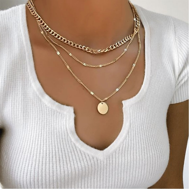 17KM Trendy Multilayer Round Pendant Necklace For Women Gold Thick Chain Choker Necklaces Party Summer Jewelry