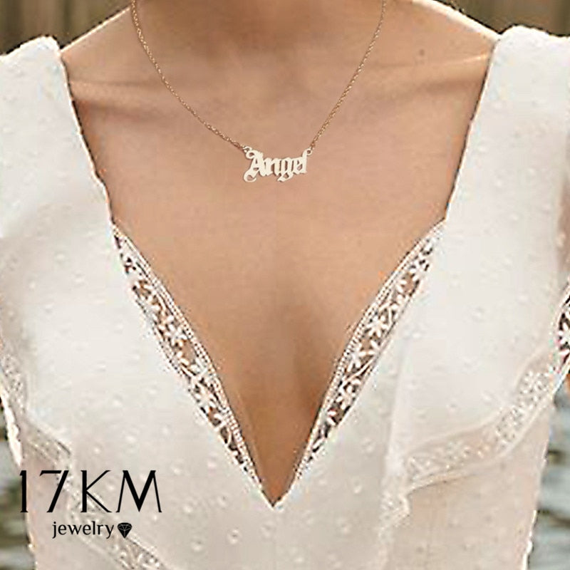 17KM Vintage Gold Angel Letter Necklace Gift for Women Old English Name Choker Necklaces 2022 Party Jewelry Mom Gift