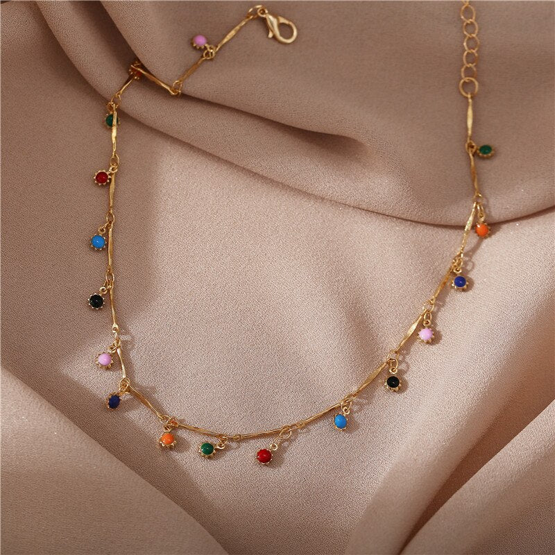17KM Vintage Gold Stone Beads Choker Collar Necklace For Women Bohemian Red Blue Stone Pendant Necklaces Handmade Jewelry