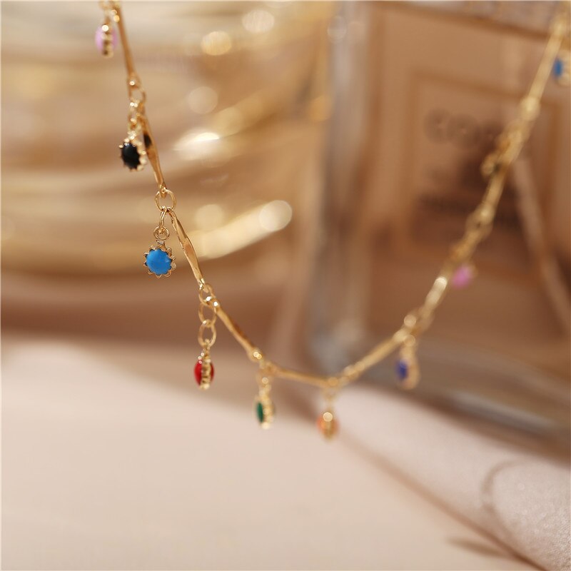 17KM Vintage Gold Stone Beads Choker Collar Necklace For Women Bohemian Red Blue Stone Pendant Necklaces Handmade Jewelry