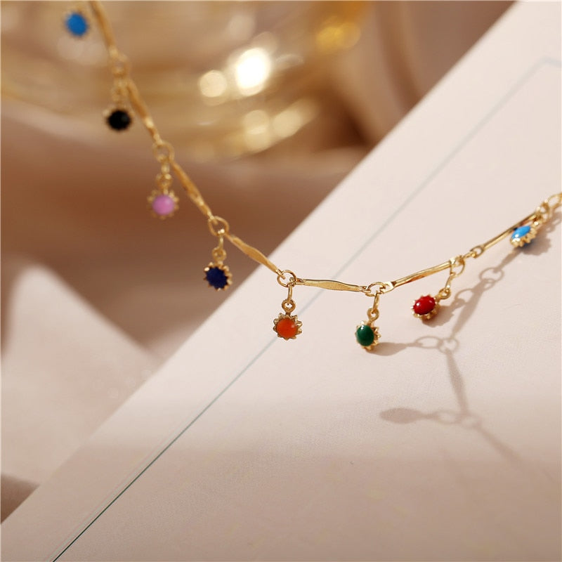 17KM Vintage Gold Stone Beads Choker Collar Necklace For Women Bohemian Red Blue Stone Pendant Necklaces Handmade Jewelry