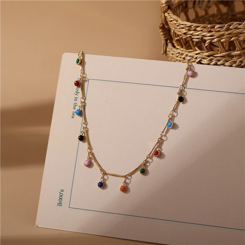 17KM Vintage Gold Stone Beads Choker Collar Necklace For Women Bohemian Red Blue Stone Pendant Necklaces Handmade Jewelry