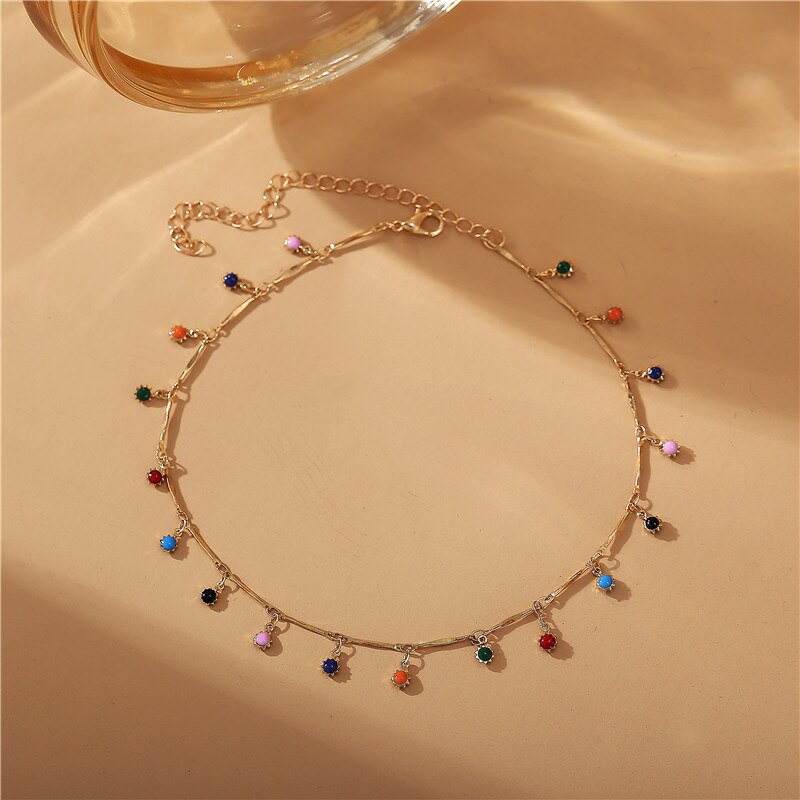 17KM Vintage Gold Stone Beads Choker Collar Necklace For Women Bohemian Red Blue Stone Pendant Necklaces Handmade Jewelry