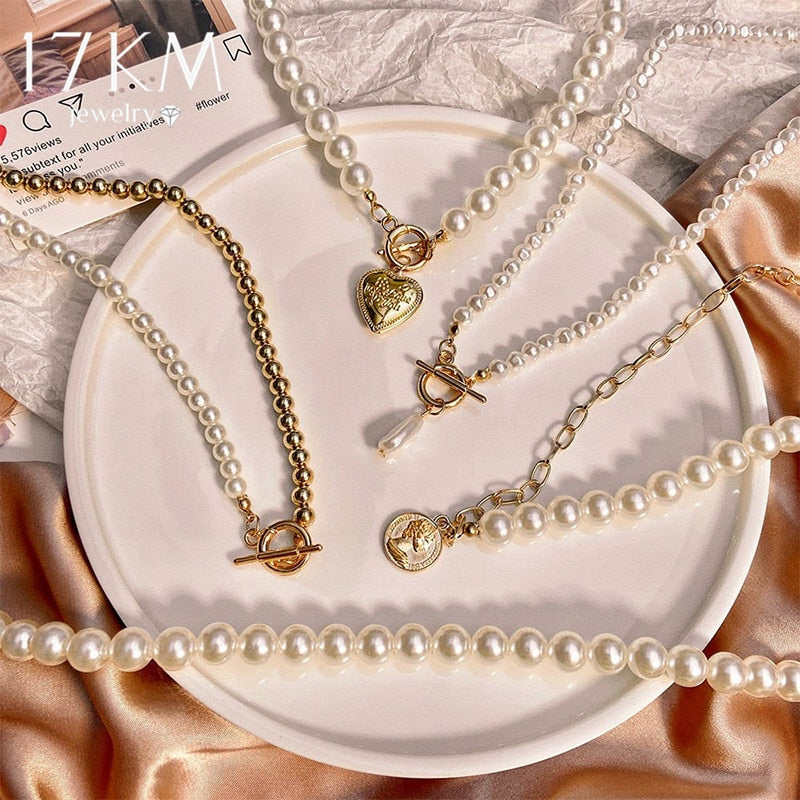 17KM Vintage Pearl Choker Necklace For Women  Summer White Imitation Pearl Necklaces 2021 Trend Elegant Wedding Jewelry
