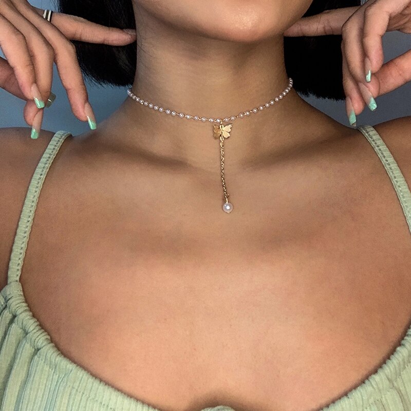 17KM Vintage Pearl Necklace For Women Retro Red Crystal Heart Pendant Pearl Choker Necklaces Gifts Jewelry