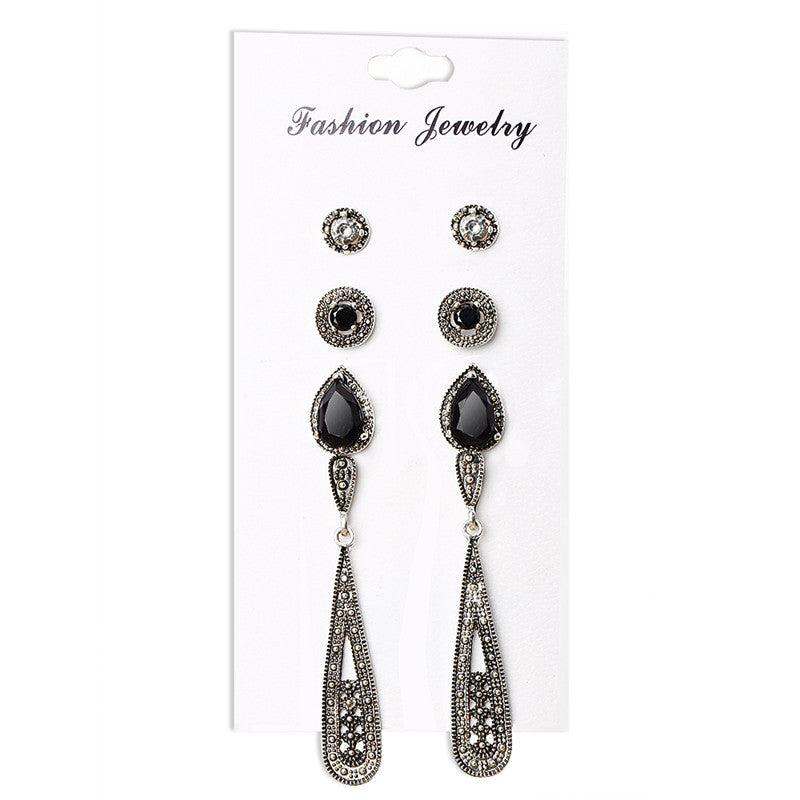 Vintage Water Drop Crystal Earrings Set For Woman Black Stone Antique Silver Color Geometric Round Stud Earrings Jewelry