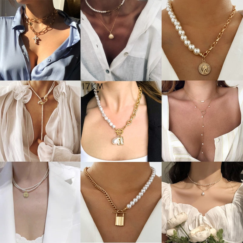 17KM Vintage Wedding Pearl Choker Necklace For Women Geometric Heart Coin Lock Pendant Necklaces Jewelry collier de perles